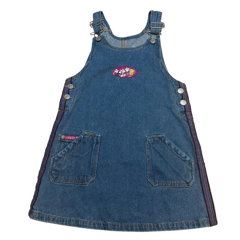 Vintage Looney Tunes Denim Overall Dress sz 6/6x Tweety Bird Sylvester Dress